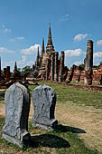 Ayutthaya, Thailand. Wat Phra Si Sanphet, ruins of the eastern viharn, the Viharn Luang (the Grand Hall) with in the foreground stone markers. 